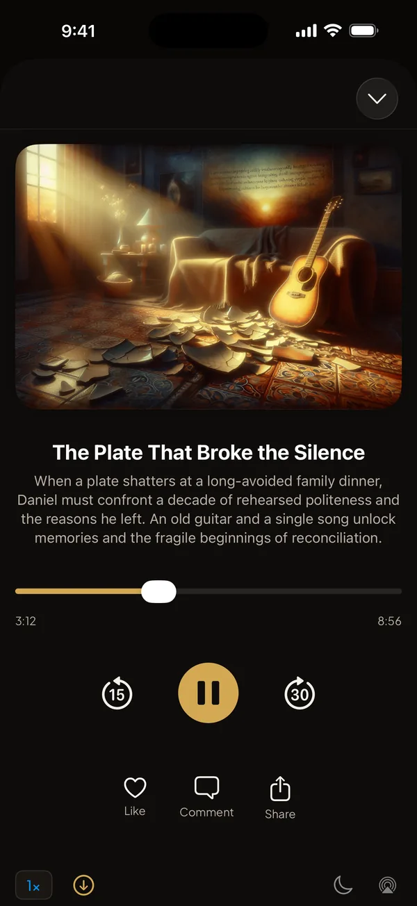 Audio episode player with a cinematic faith story