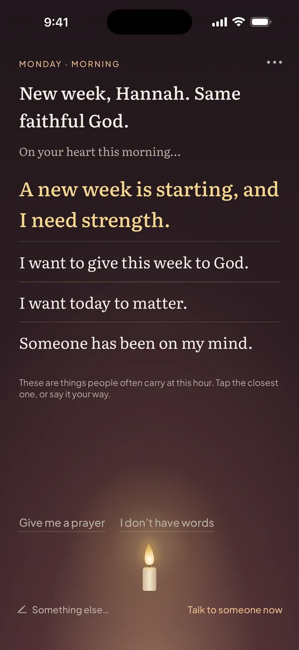 The GraceSpace Pray tab on iPhone: choose a line that matches what's on your heart