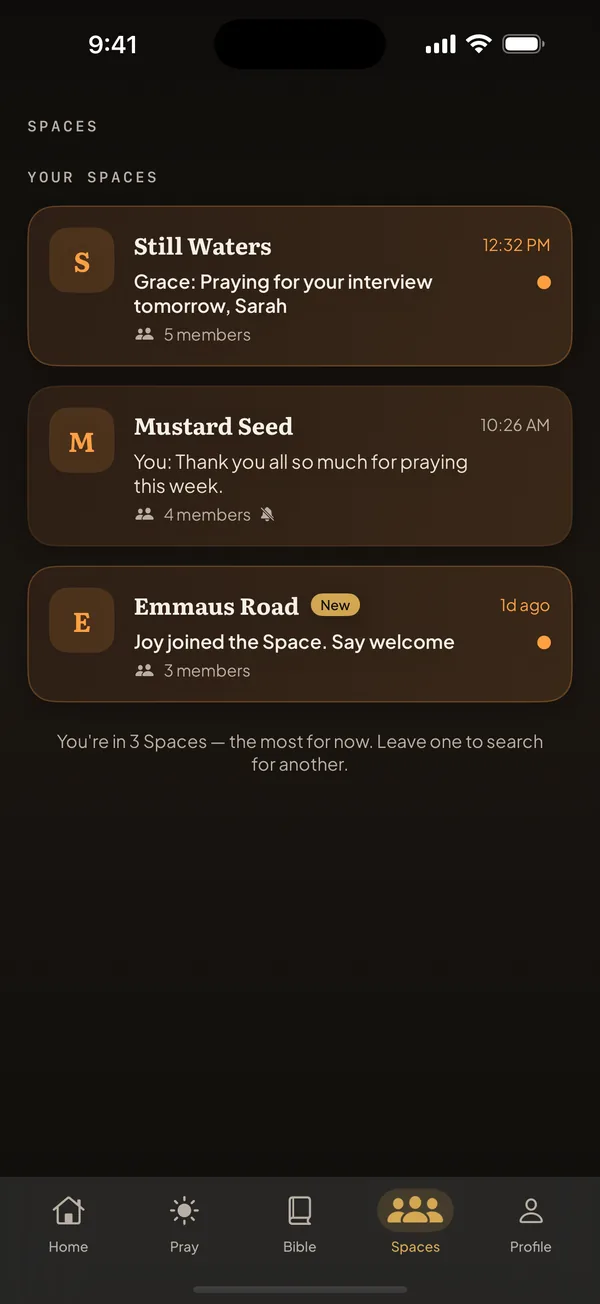 Spaces list showing three small prayer groups
