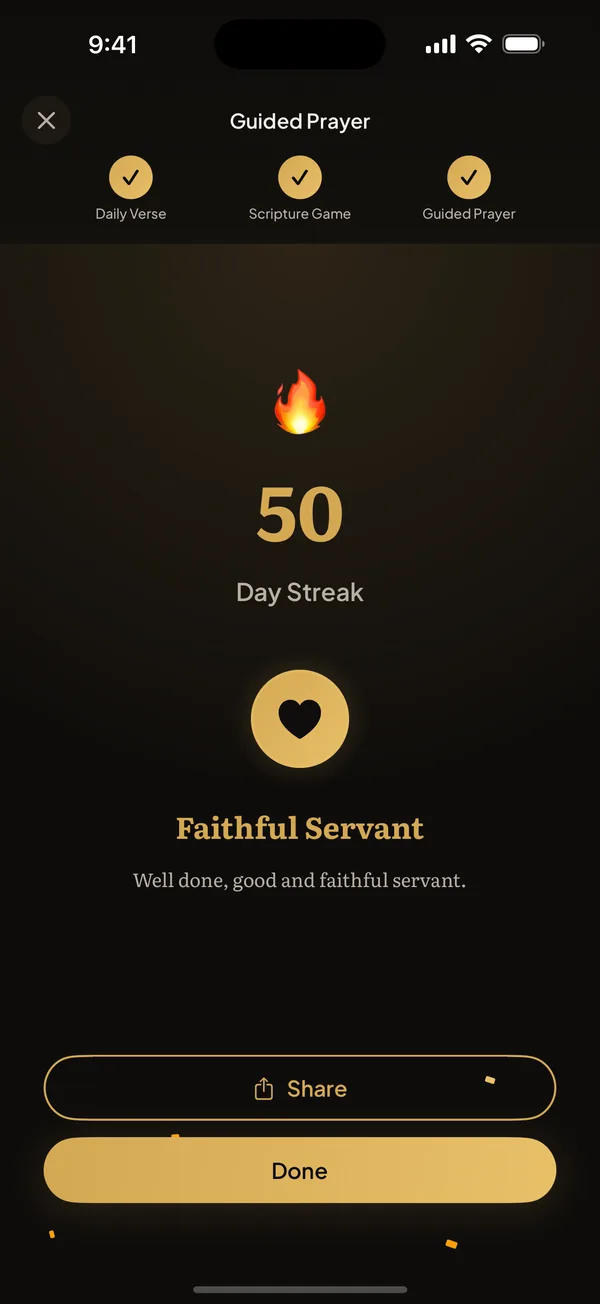 Daily devotion complete with Daily Verse, Scripture Game and Guided Prayer checked and a 50 day streak